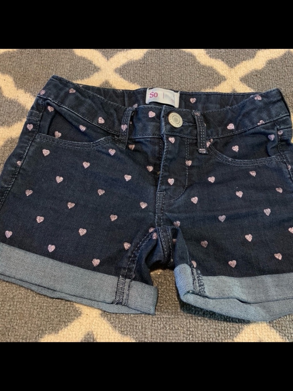 SO Dark Wash Denim Shorts with Pink Heart Print